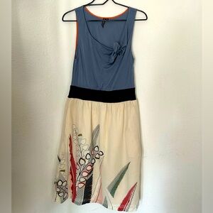 Anthropologie Blue and Cream Midi Dress with Printed Skirt